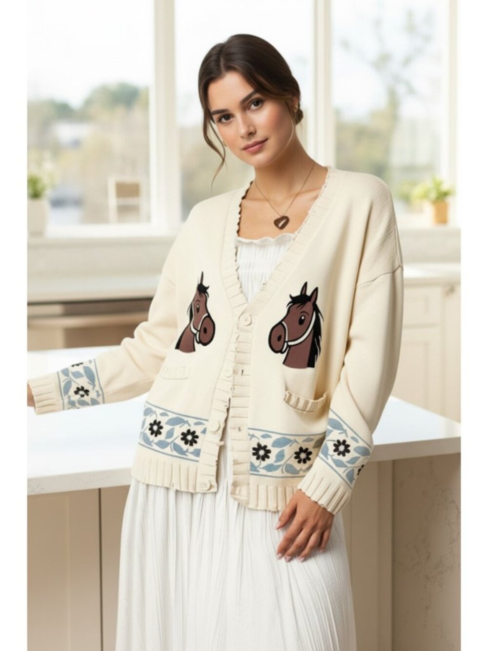Equestrian Horse Retro Floral V-Neck Button Front Distressed Trim Knit Cardigan